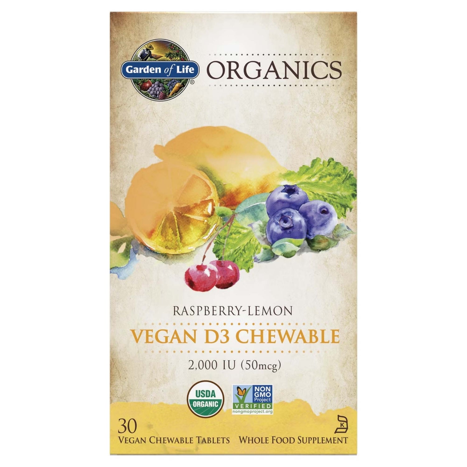 Vitamine D3 végane Organics - Framboise et citron - 30 comprimés à mâcher