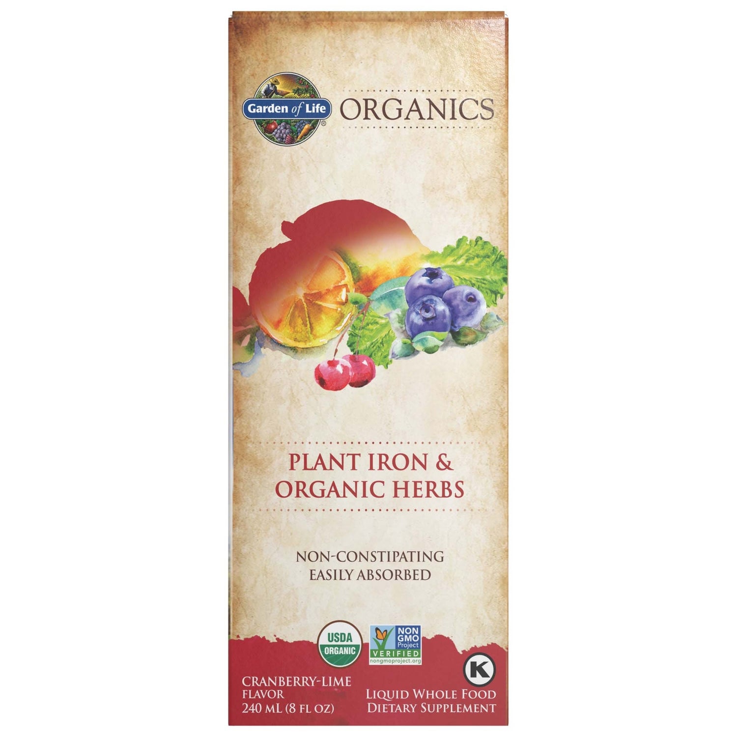 Complément à base de fer végétal et de plantes Organics - Canneberge et citron - 240 ml