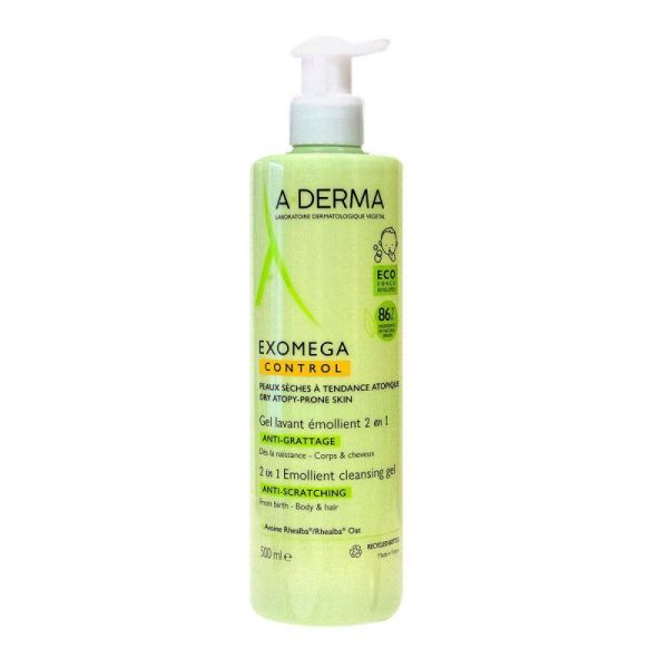 A-Derma - Exomega Control - Gel lavant émollient anti-démangeaisons - 2en1 Corps et Cheveux 500mL