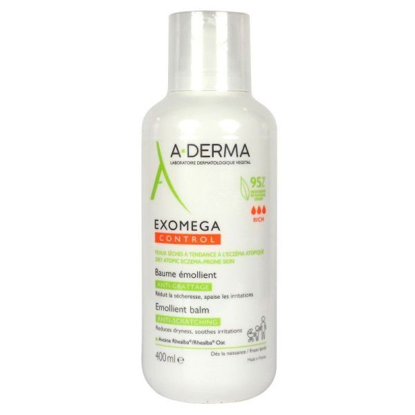 A-Derma - Exomega Control - Baume émollient anti-démangeaisons - Peaux sèches à tendance à l'eczéma atopique 400mL