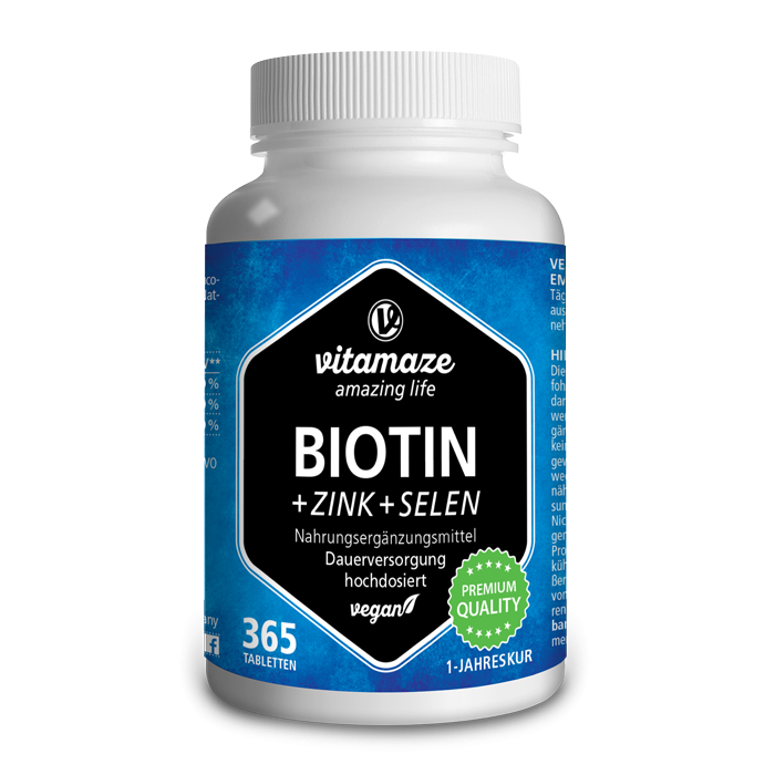 Vitamaze Biotine hautement dosée + zinc + sélénium, 365 gélules végétaliennes