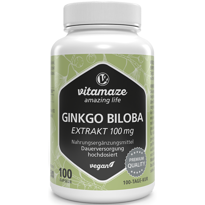 Vitamaze Ginkgo Biloba 100 mg Extrait (50:1) haute puissance, 100 capsules végétaliennes