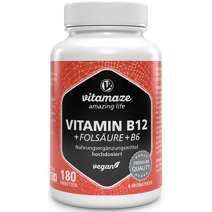 Vitamaze Vitamine B12 1000 µg + B9 + B6 hautement dosée, 180 comprimés végétaliens