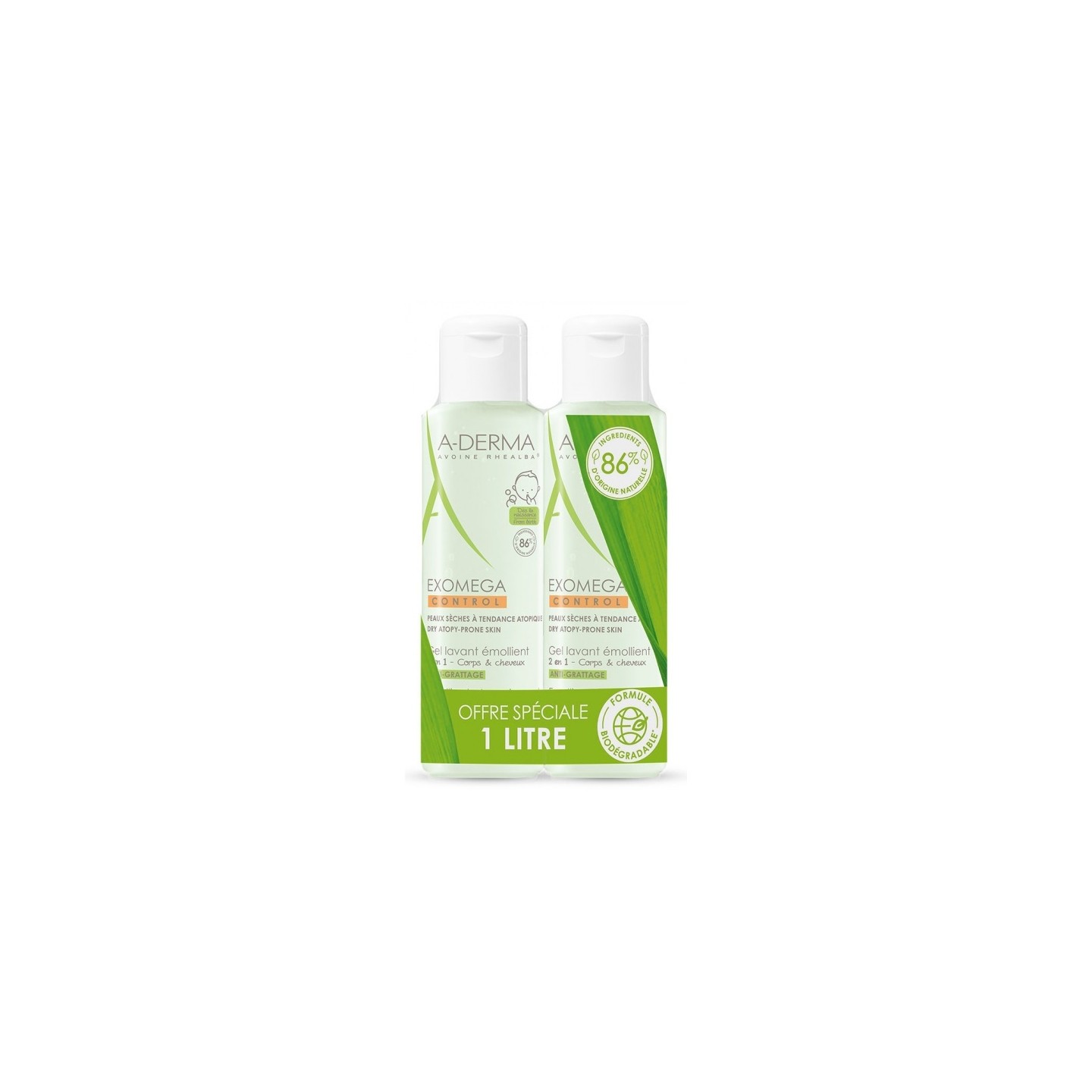 A-Derma Exomega Control Gel lavant émollient 2en1 anti-grattage - 2x500ml