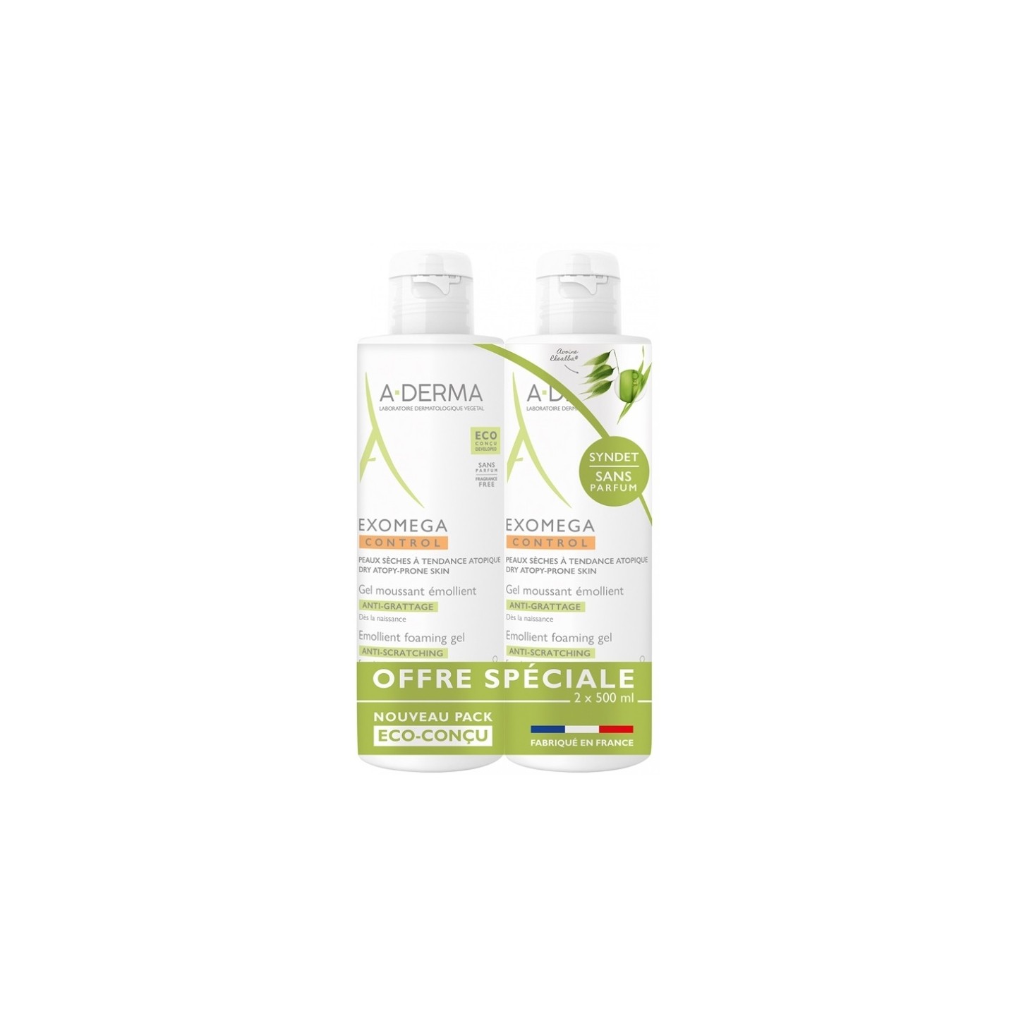 A-Derma Exomega Control Gel moussant émollient anti-grattage - 2x500ml