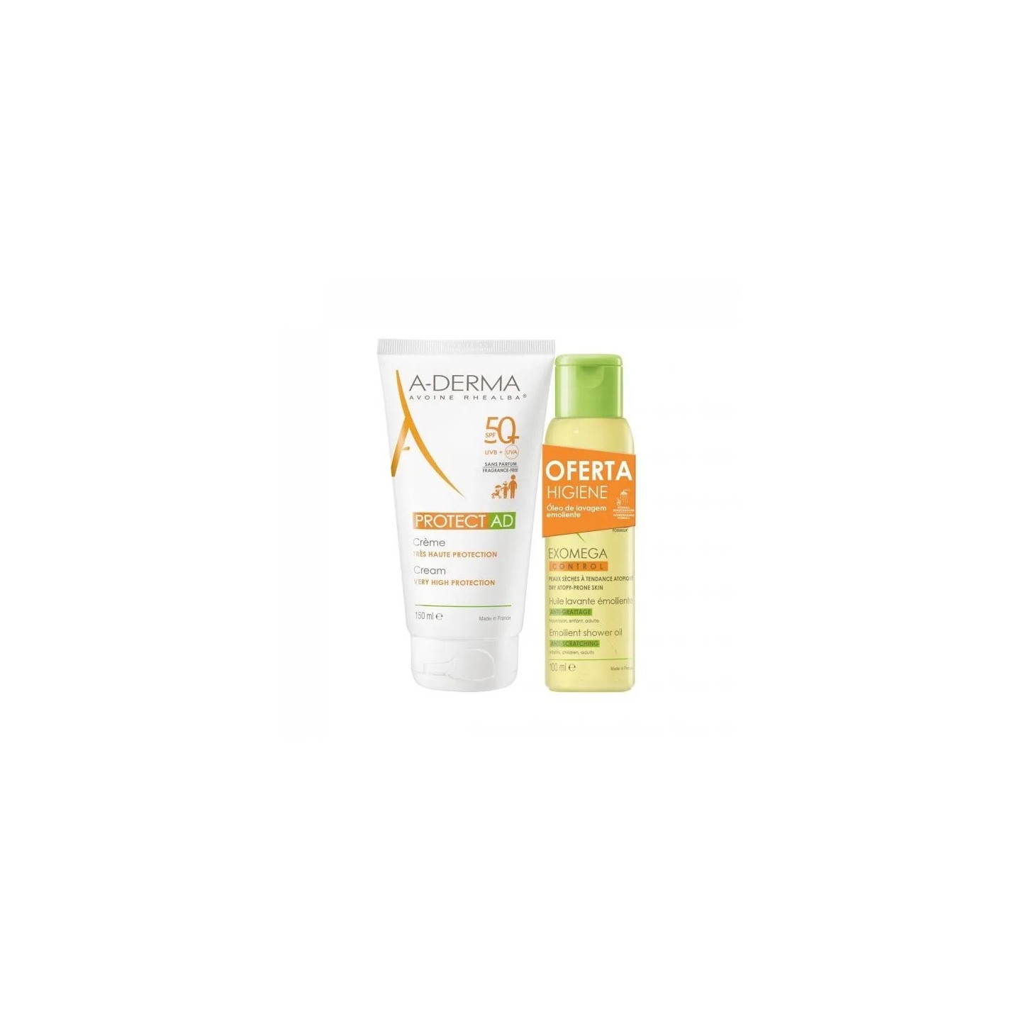 A-Derma Protect AD Crème solaire SPF 50+ - 150ml + Exomega Control Huile lavante émolliente 100ml Offerte