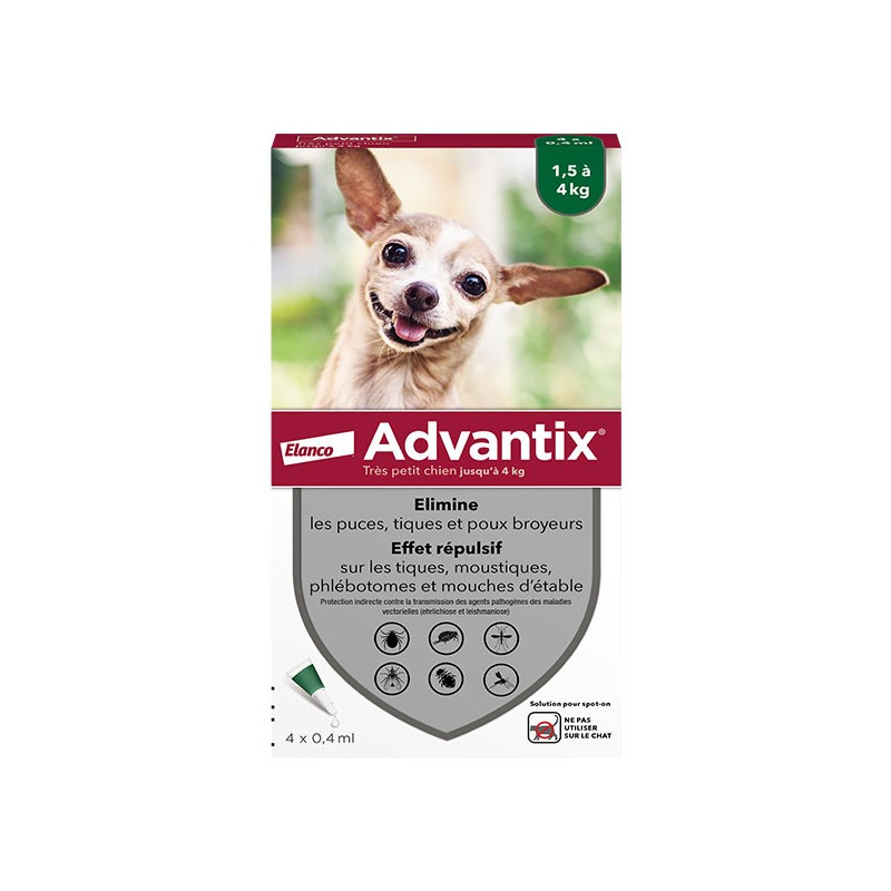 Advantix Chien Solution Antiparasitaire Très Petite Race 1,5 à 4kg 4 pipettes
