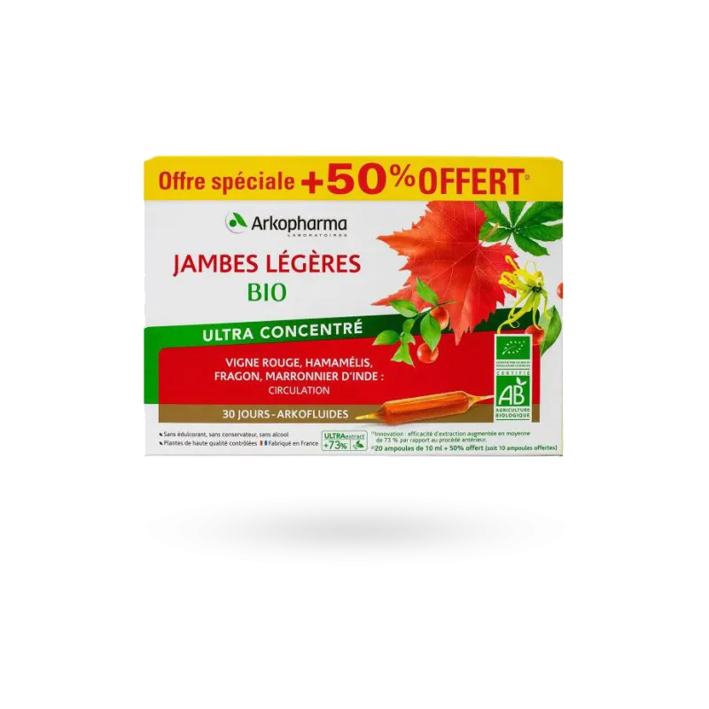 Arkofluides Jambes légères BIO Arkopharma Ultra concentré - 20 ampoules + 50% OFFERT