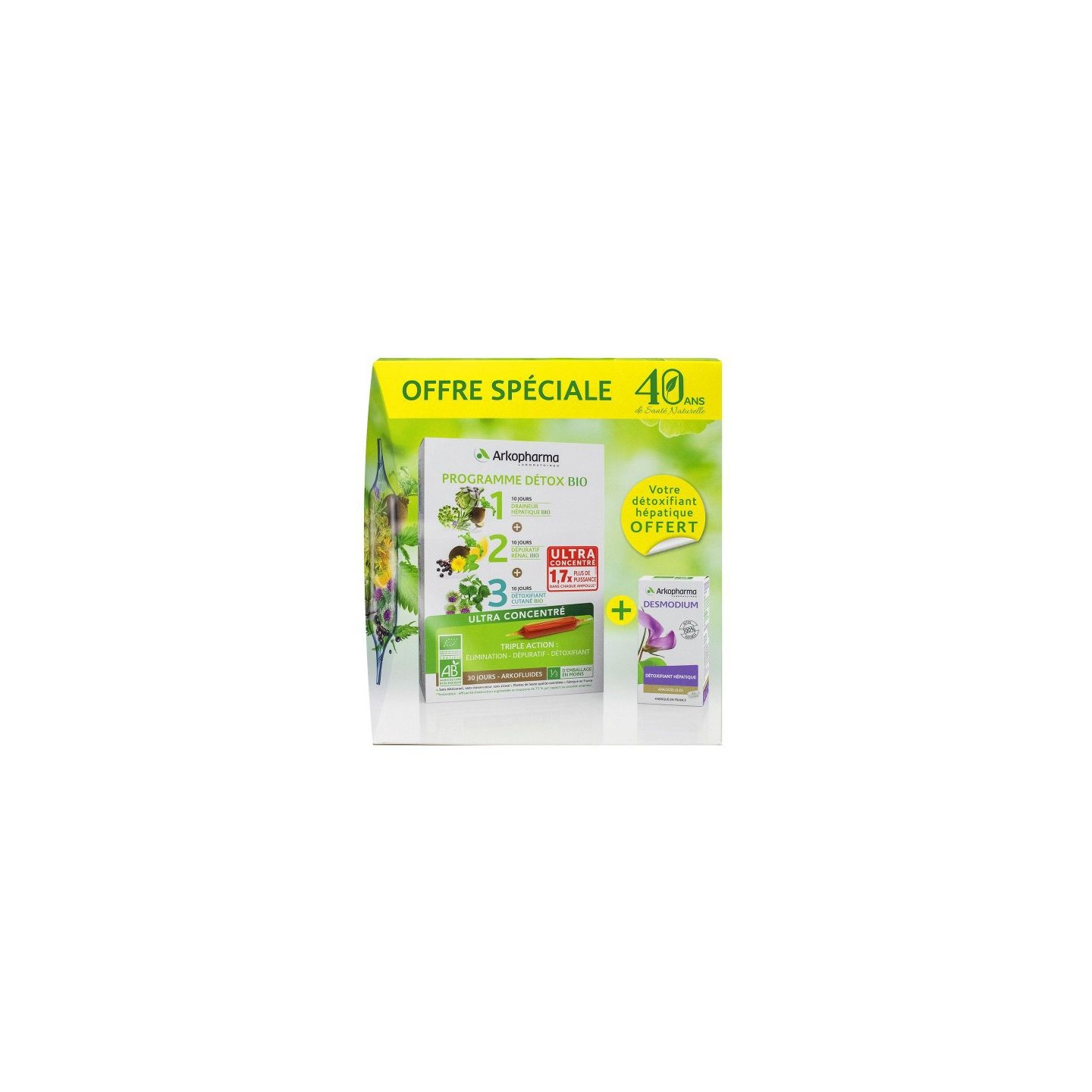 Arkofluides Programme détox bio 30 ampoules + Desmodium 45 gélules Offertes