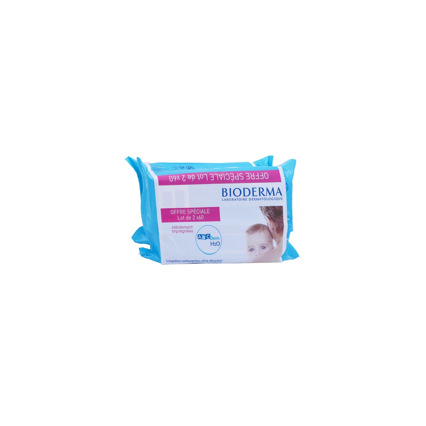 Bioderma ABCDerm H2O Lingettes nettoyantes - Lot de 2 x 60 lingettes