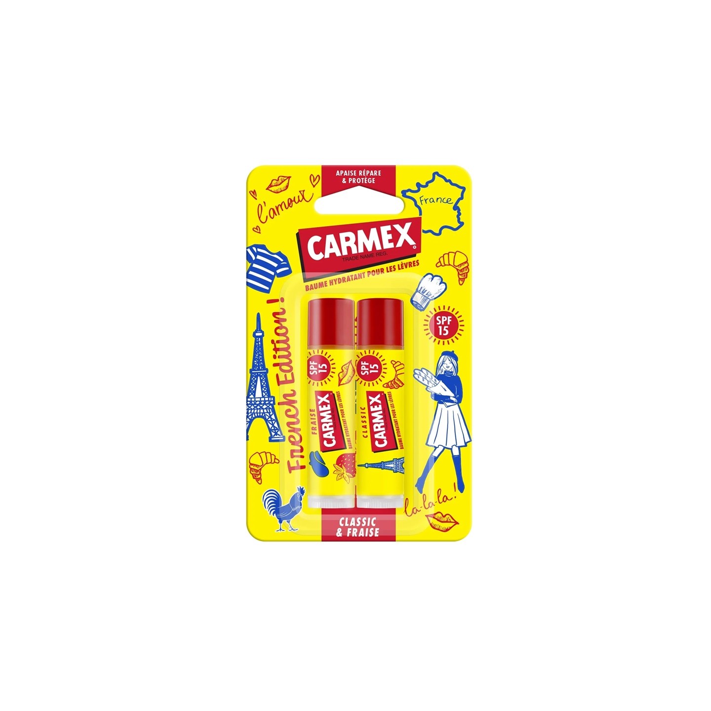 Carmex French Edition Baume à lèvres hydratant Classic et Fraise SPF15 - 2 x 4,25g