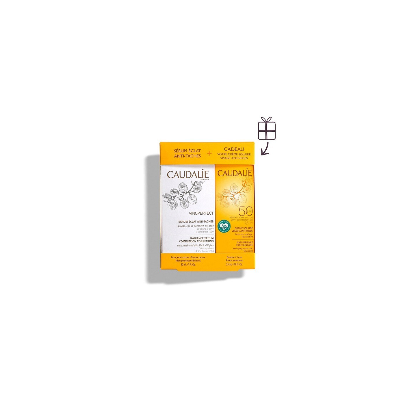 Caudalie Vinoperfect Sérum éclat 30ml + Crème solaire anti-rides visage SPF50 50ml Offert