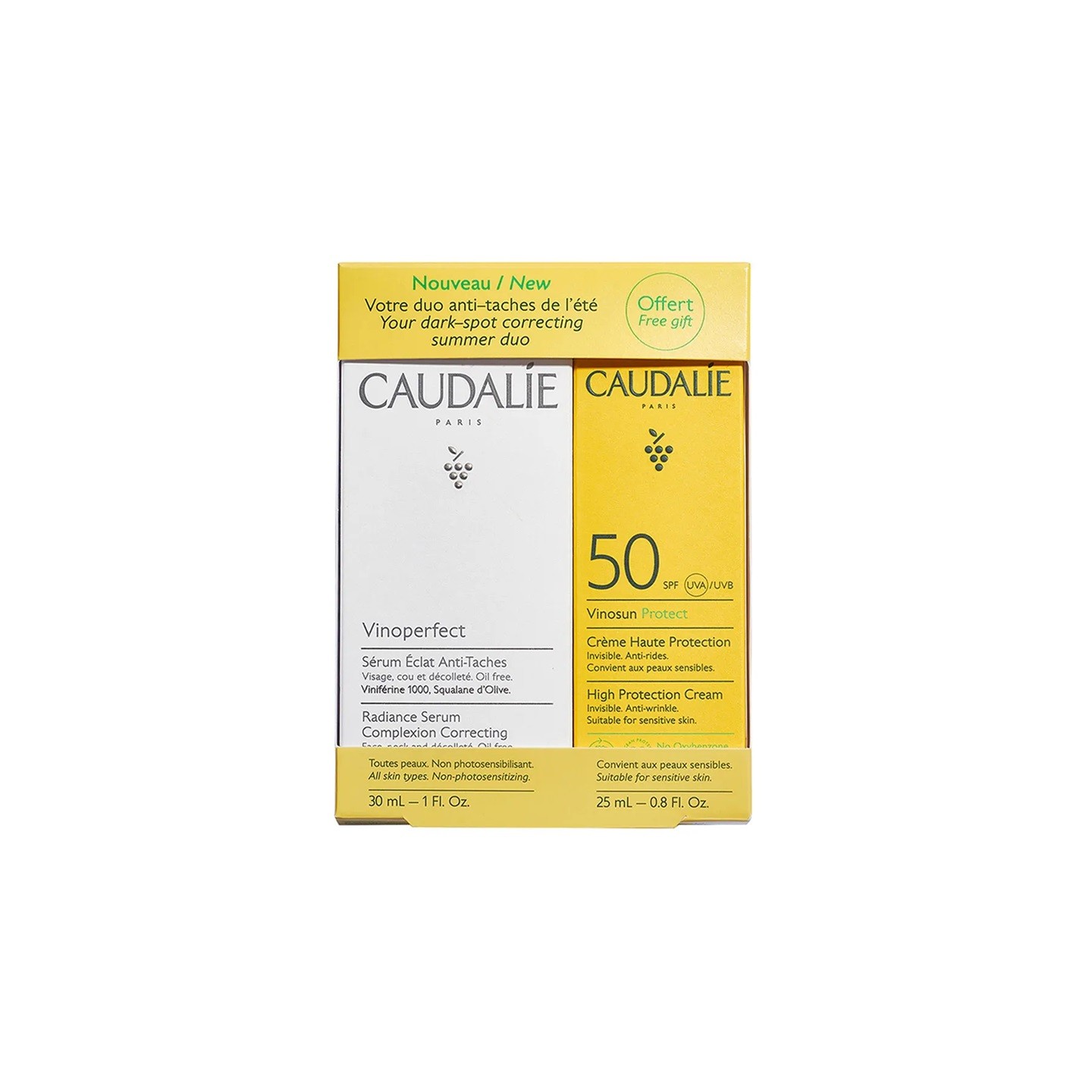 Caudalie Vinoperfect Sérum éclat anti-tâches 30ml + Crème solaire visage SPF50 Vinosun Protect 25ml Offert