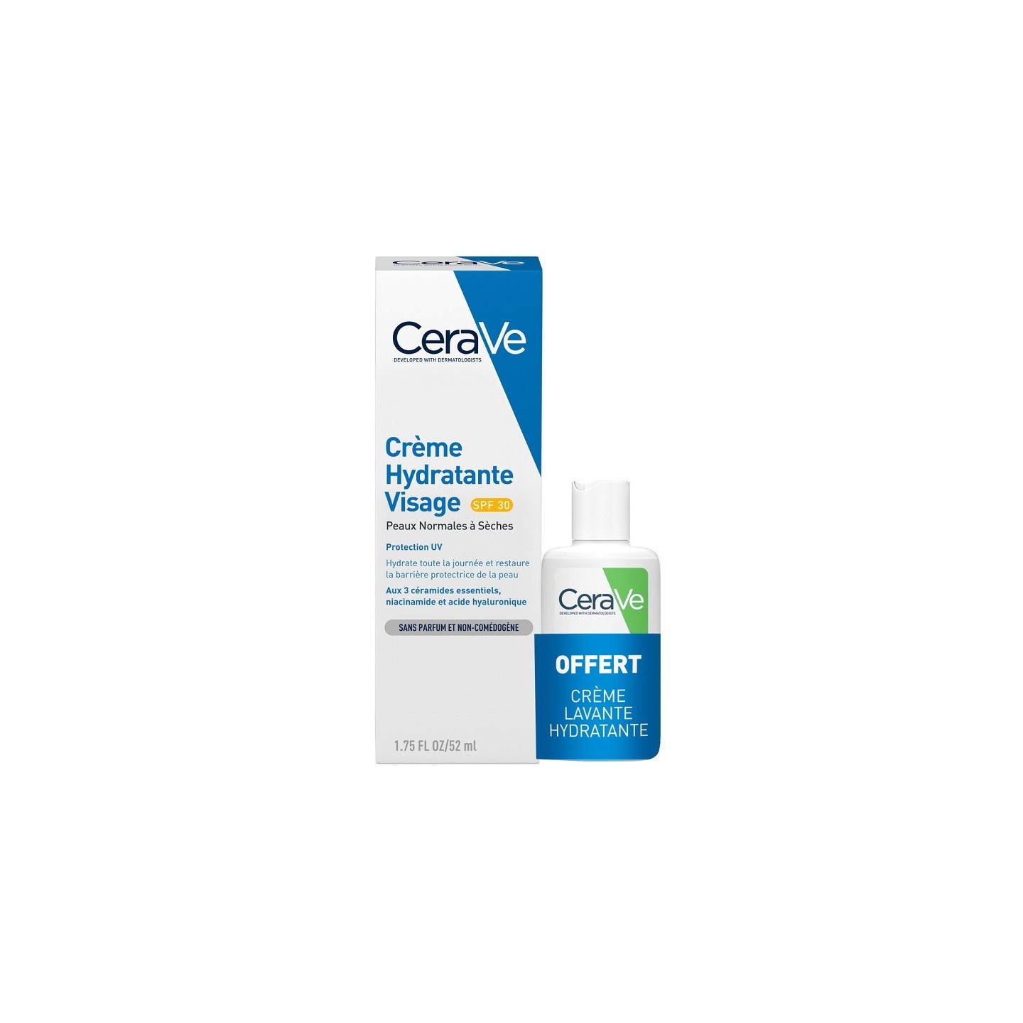 Cerave Crème hydratante visage SPF30 52ml + Crème lavante 20ml Offerte