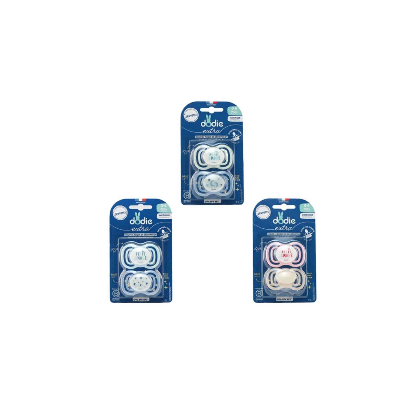 Dodie Extra Sucettes anatomiques en silicone jour & nuit 0-6m F1 - Lot de 2