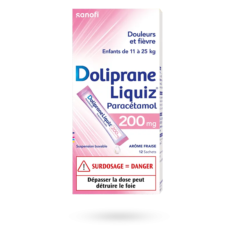 Doliprane Liquiz 200 mg sans sucre enfants - 12 sachets fraise