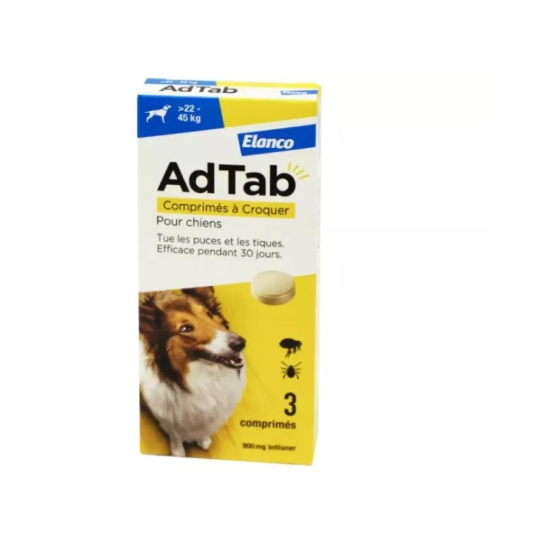Elanco - ADTAB Antiparasitaire Interne Chien de +22 à 45kg + 3 Comprimés à Croquer