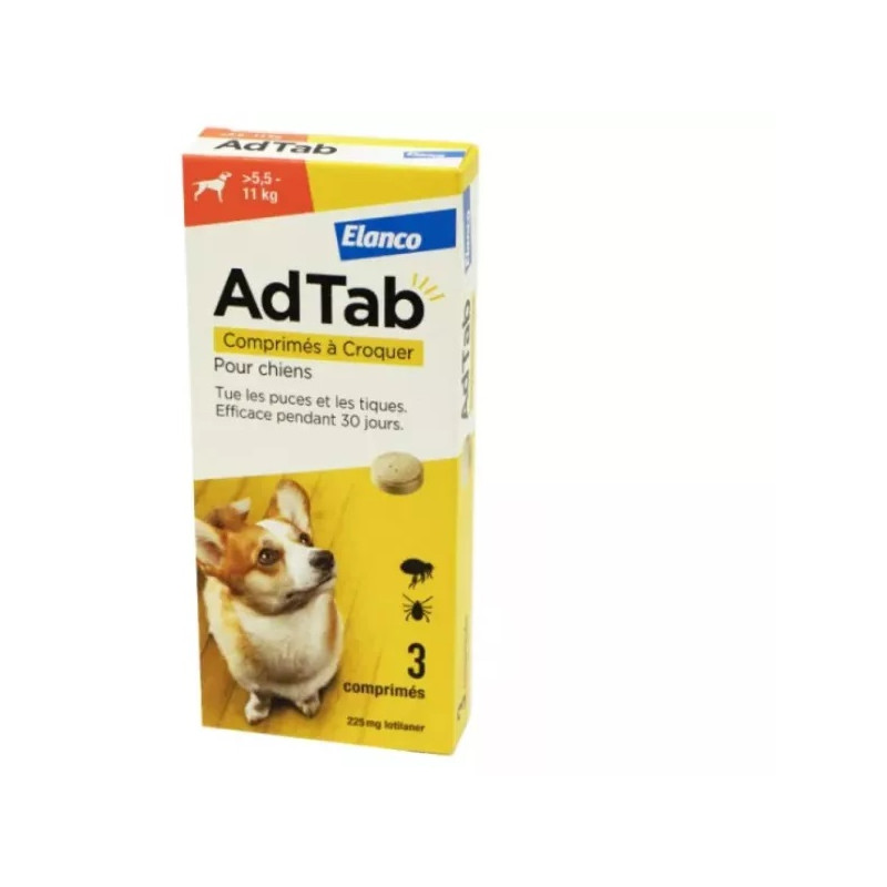 Elanco - ADTAB Antiparasitaire Interne Chien de +5.5 à 11kg - 3 Comprimés à Croquer