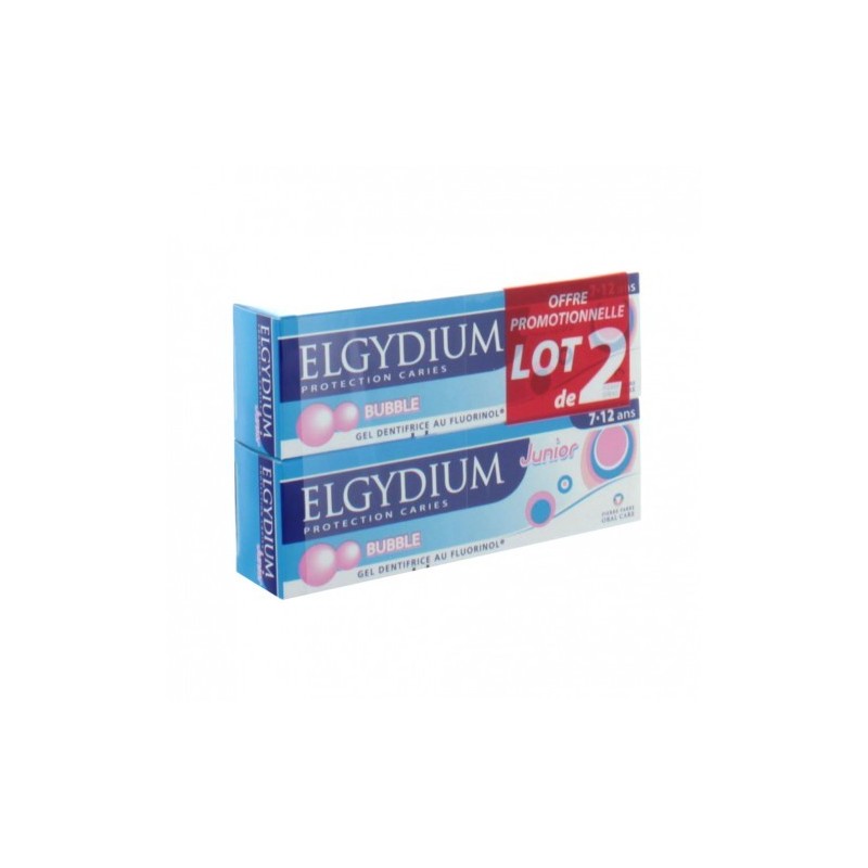 Pharmacie Bastille - ELGYDIUM JUNIOR 7-12 ANS DENTIFRICE BUBBLE 2X50ML