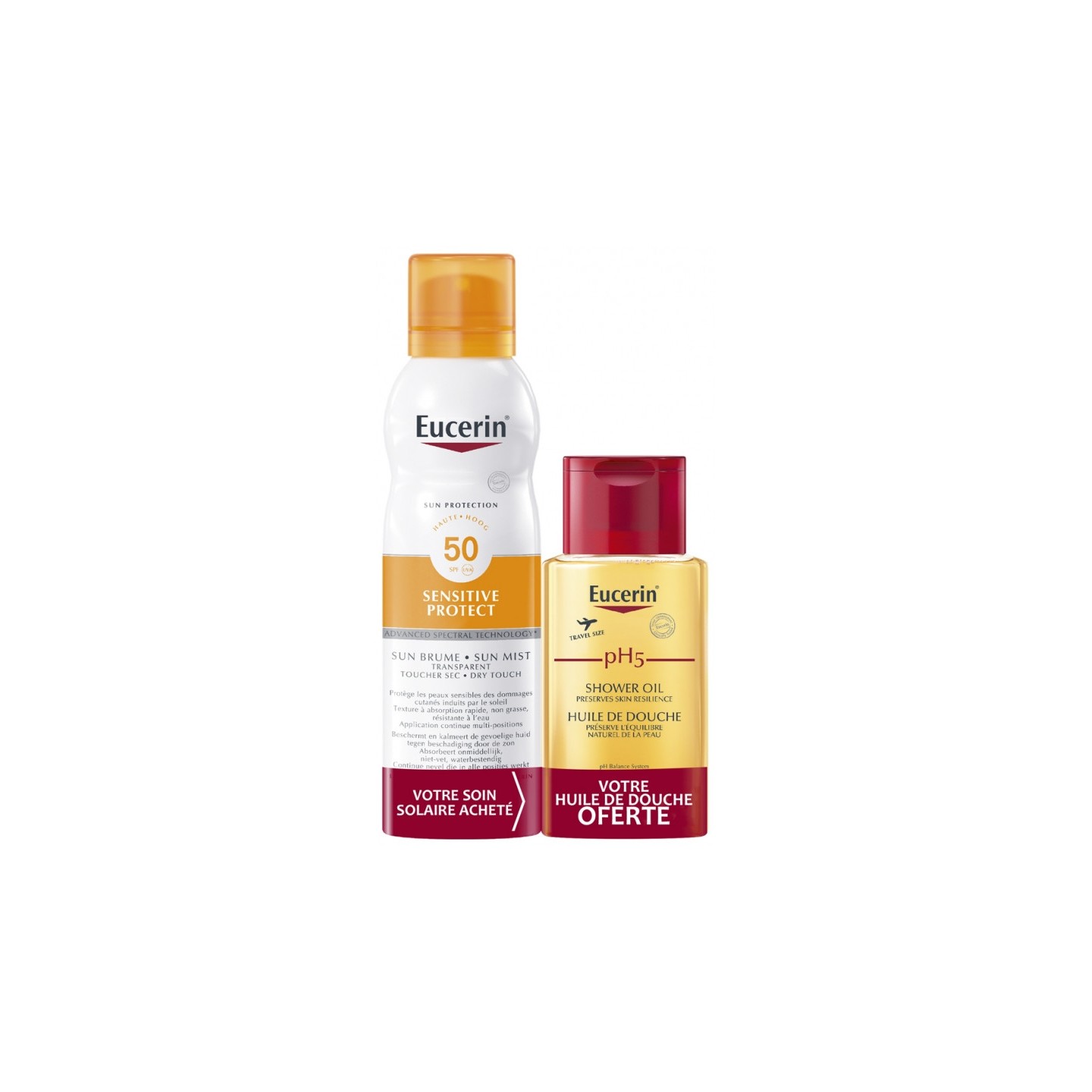 Eucerin Sun Sensitive Protect Brume spray transparente SPF50 - 200ml + Huile de douche PH5 100ml Offerte