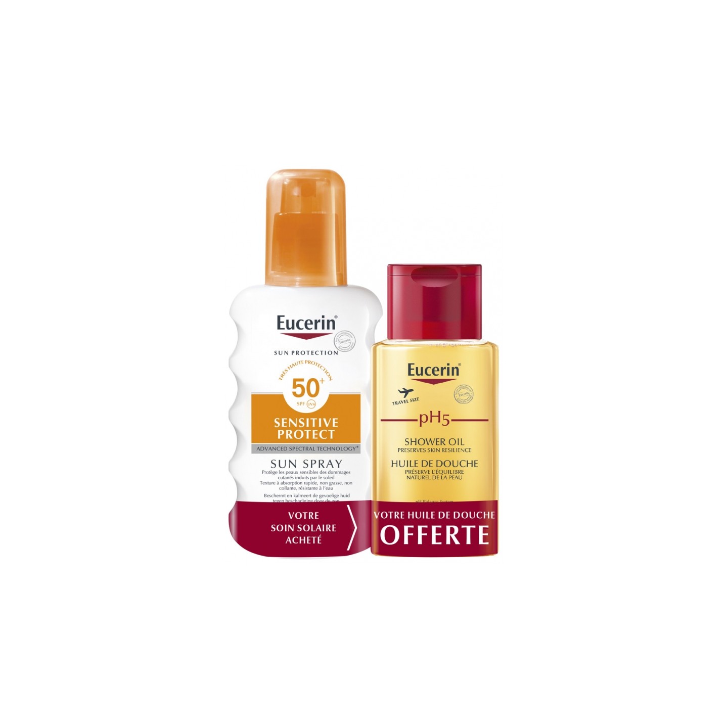 Eucerin Sun Sensitive Protect Crème spray transparente SPF50 - 200ml + Huile de douche PH5 100ml Offerte