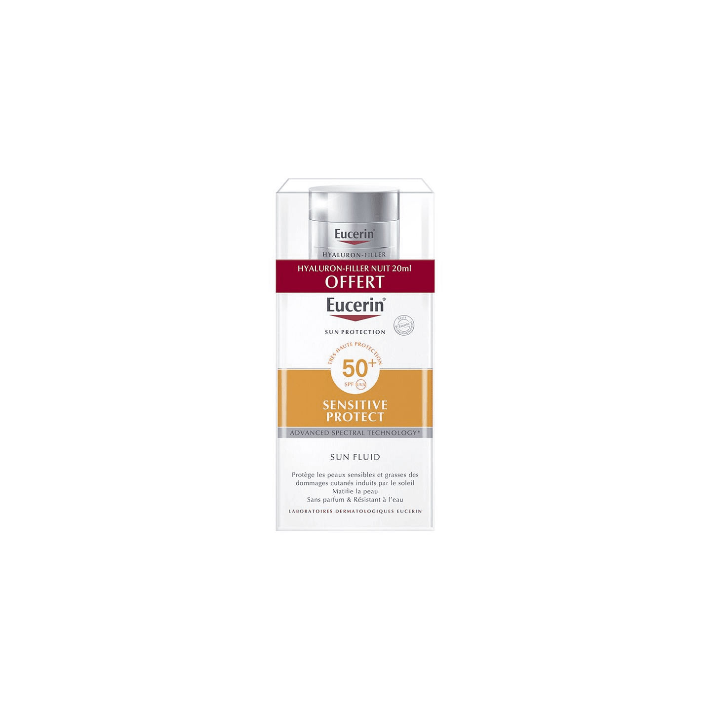 Eucerin Sun Sensitive Protect Fluide matifiant SPF50+ - 50ml + Soin de nuit Hyaluron-Filler 20ml Offerte