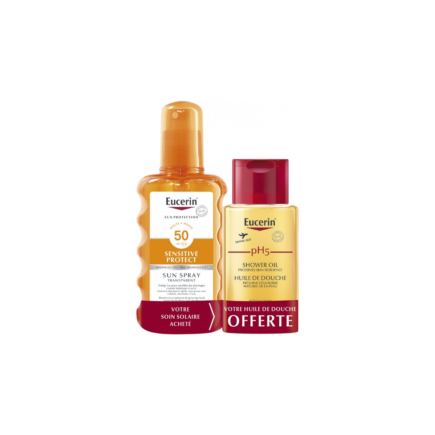 Eucerin Sun Sensitive Protect Spray transparent SPF50 - 200ml + Huile de douche PH5 100ml Offerte