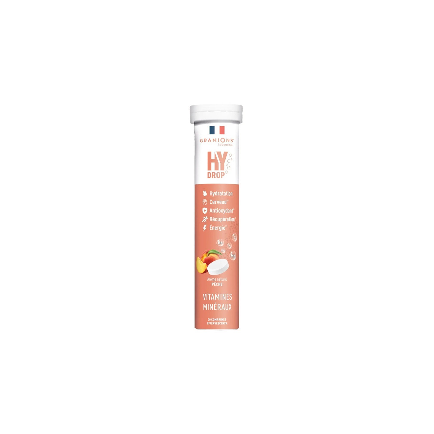 Granions Hydrop Pastilles d'hydratation 5 en 1 goût pêche - 20 comprimés effervescents