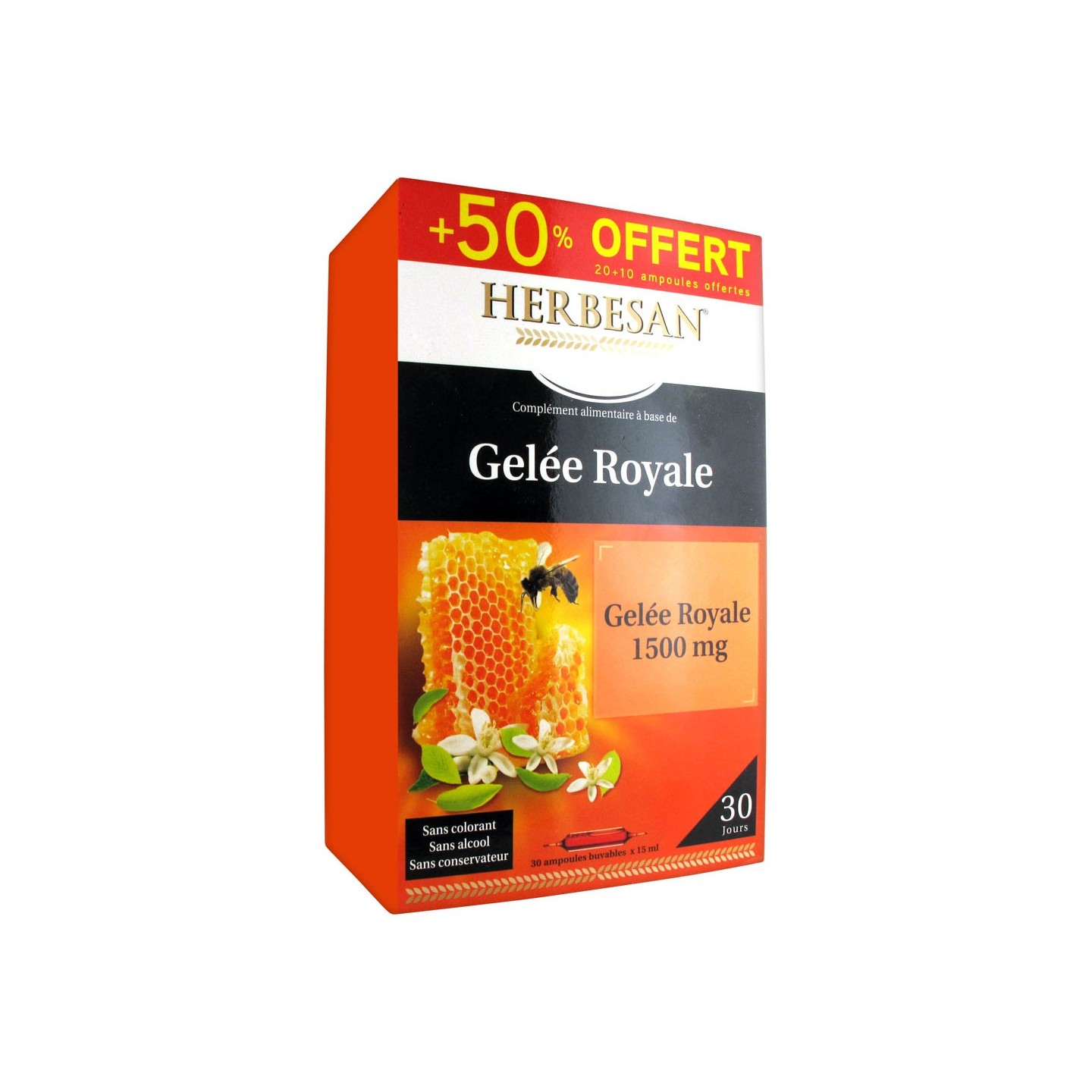 Herbesan gelée royale 1500 mg - 20 ampoules + 10 Offertes