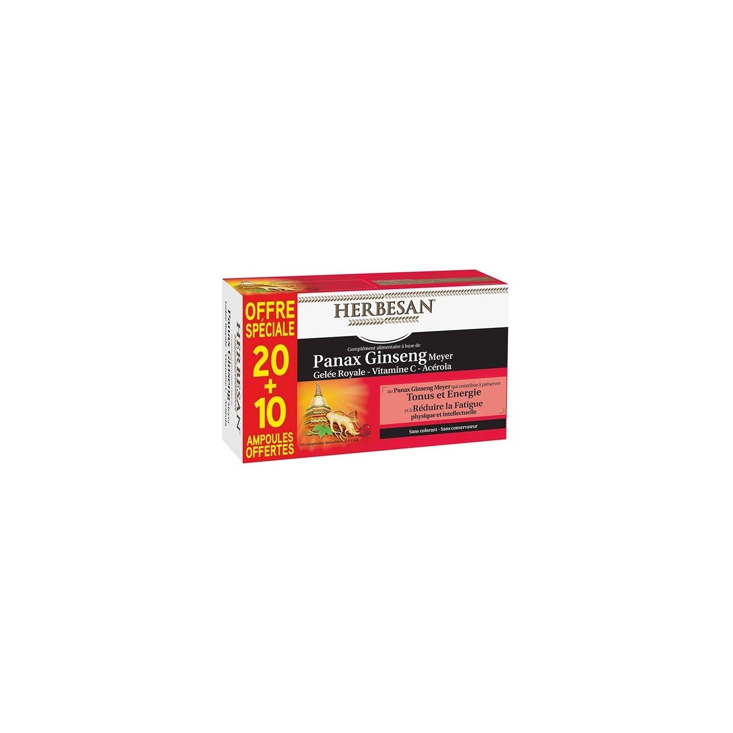 Herbesan Ginseng gelée royale Vitamine C Acérola - 20 ampoules