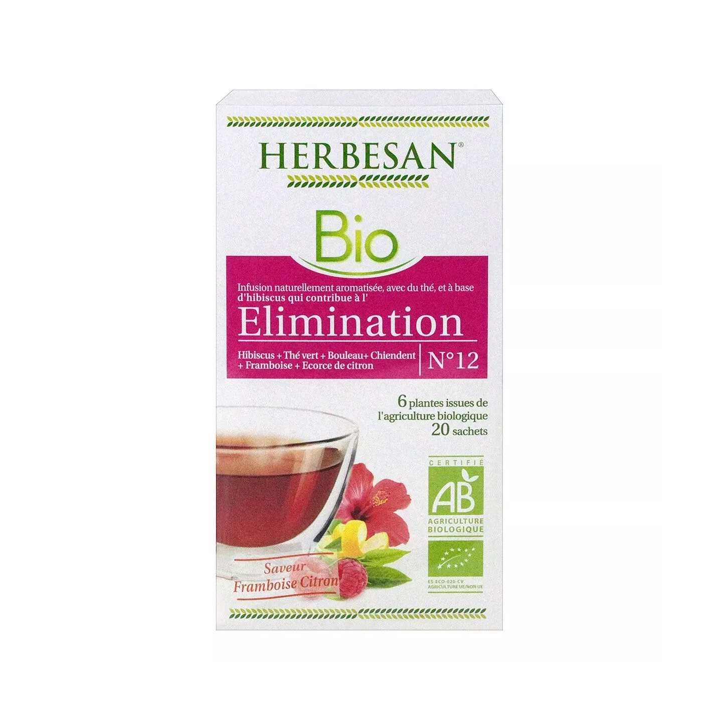 Herbesan Infusion Élimination saveur framboise citron N°12 Bio - 20 sachets