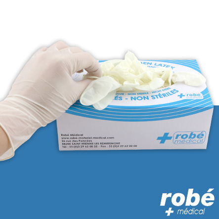 Gants d'examen poudrés, en latex - Boîte de 100 - 5g - Aql 1,5 - Robemed