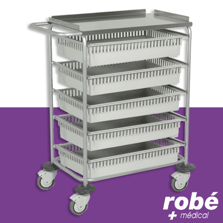 Chariot mobile de stockage et distribution 5 paniers Iso avec séparations