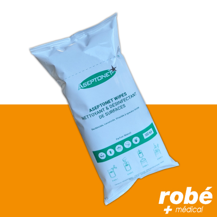 Recharge de 100 lingettes nettoyantes et désinfectantes de surfaces Aseptonet