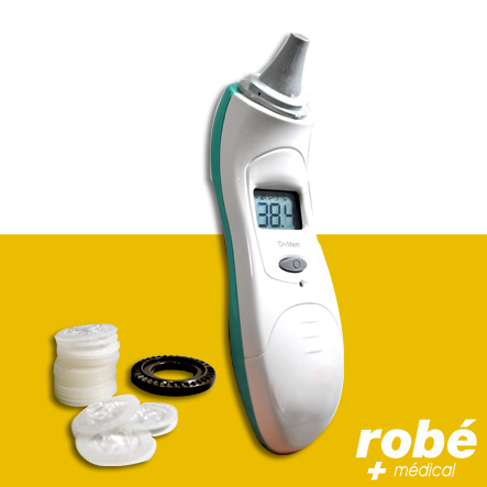 Thermomètre infrarouge avec protége sondes auriculaires hygiéniques à usage unique