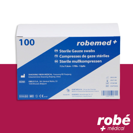 Compresses de gaze stériles - 17 fils et 12 plis - 100 Blisters individuels - Robemed