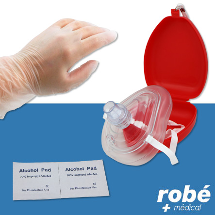 Masque réanimation bouche à bouche avec tampons d'alcool et gants vinyle - Rcp