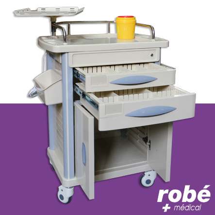 Chariot d'urgence avec 2 tiroirs et module 2 portes - 9 accessoires inclus