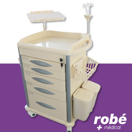 Chariot de soins multifonctions avec 5 tiroirs et plusieurs accessoires