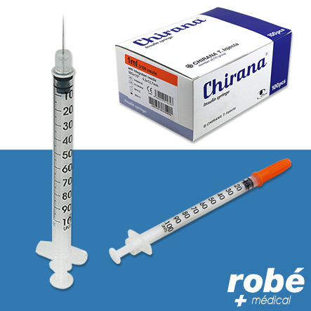 Seringue insuline 1ml aiguille sertie 29G ou 30G Chirana - Boîte de 100