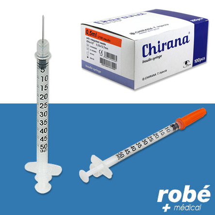 Seringue insuline 0,5ml aiguille sertie 29G, 30G ou 31G Chirana Injecta - Boîte de 100