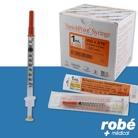 Seringue à insuline U-100 sécurisée 1ml avec aiguille 30G VanishPoint - Boîte de 100