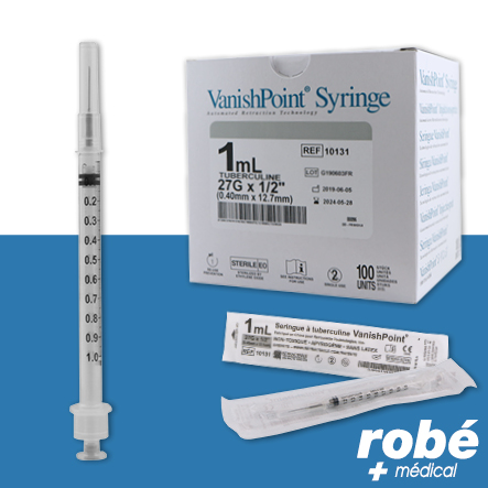 Seringue tuberculine sécurisée 1ml avec aiguille 27G VanishPoint - Boite de 100