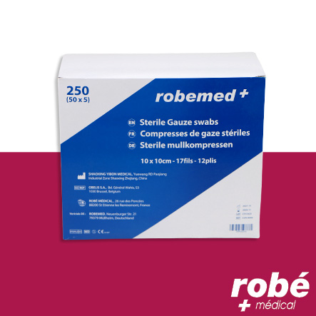 Compresses de gaze stériles - 17 fils et 12 plis - 50 Blisters de 5 compresses - Robemed