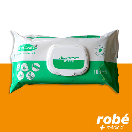 Lingettes nettoyantes désinfectantes Aseptonet - Sans alcool - Fabriqué en France - Sachet de 100