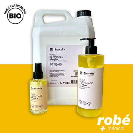 Huile de massage à l'arnica des Vosges Bio - Alsarnica - Flacon de 100 ml et 500ml / Bidon de 5L