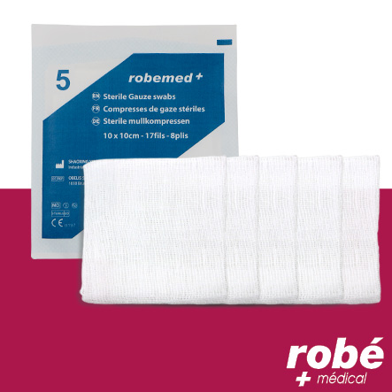 Compresses de gaze stériles - 17 fils et 8 plis - 50 Blisters de 5 compresses - Robemed