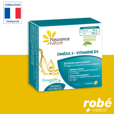 Oméga 3 et Vitamine D3 issus d'algues - Système immunitaire - 30 capsules - Fleurance Nature
