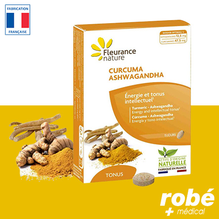 Curcuma Ashwagandha - Energie et tonus intellectuel - Boite de 15 comprimés - Fleurance Nature
