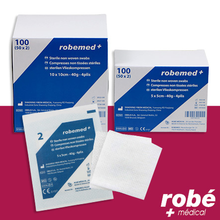 Compresses non tissées stériles - blister de 2 compresses - Boite de 50 blisters - 7,5 × 7,5 cm - Robemed